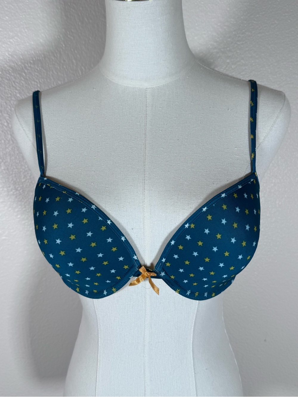No Boundaries Teal Star-Print Padded Bra with Gold Bow